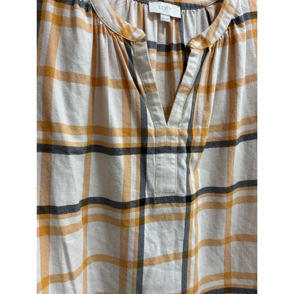 Women's LOFT Outlet Plaid Peasant Top, XS, Ivory Navy Yellow - Picture 3 of 5
